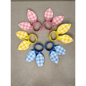 Set of 6 Easter Bunny Ear Napkin Rings Gingham Pink Yellow Blue Spring Decor